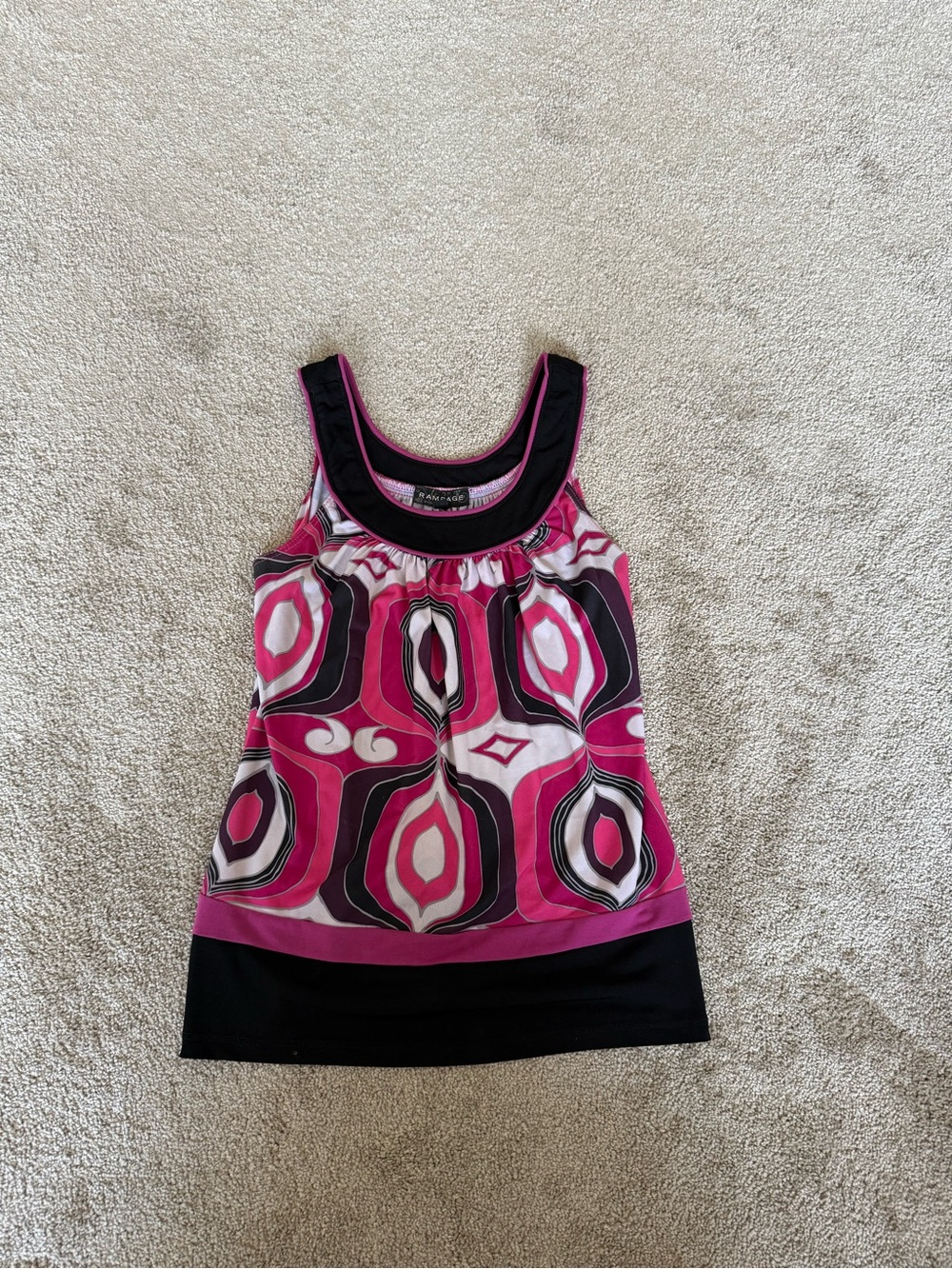 Rampage Pink Psychedelic Print Tank Top Retro Swirl Black Banded Hem S